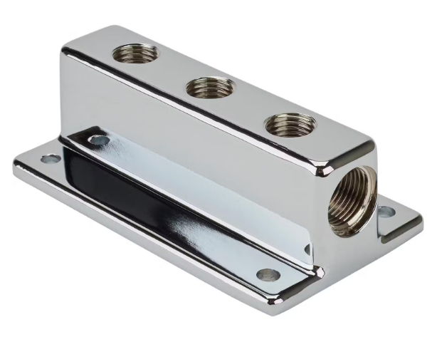 Fuel Block 3 Outlet. Chrome. 3/8npt inlet, 1/4npt outlets.